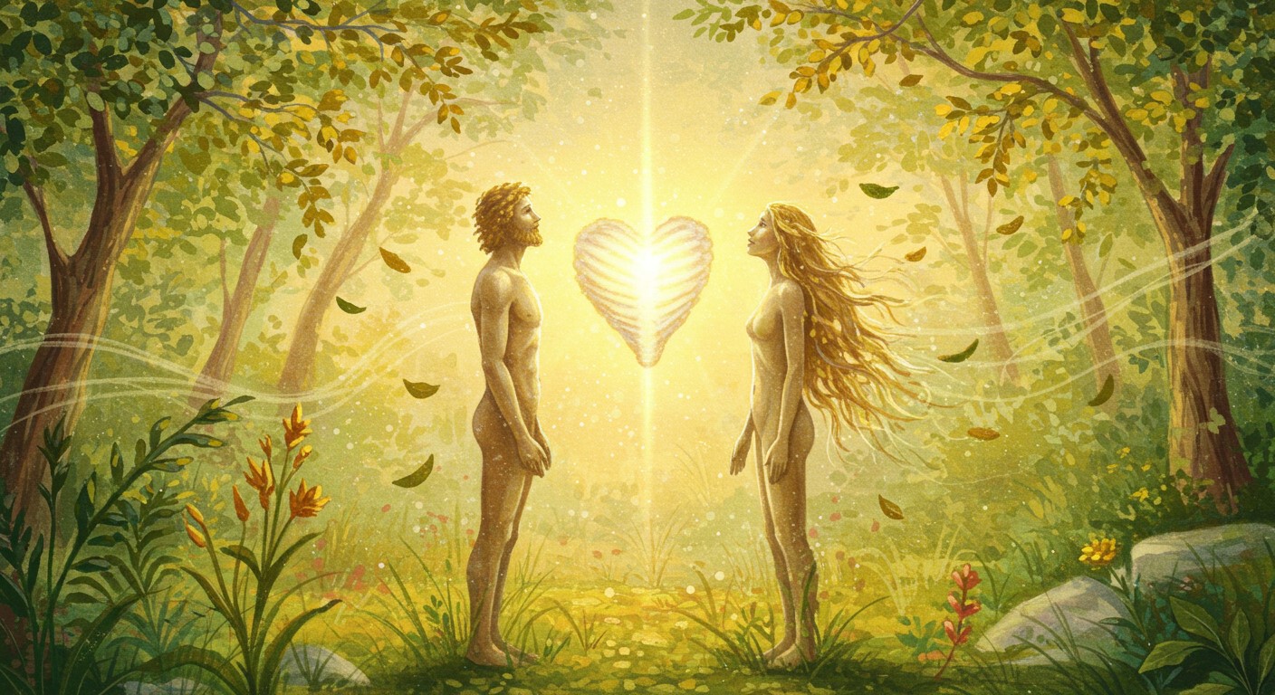 エデンの園で向き合うアダムと女、二人の間に浮かぶハート型のあばら骨が、創世記に描かれた神聖な絆を象徴するアート作品。 A symbolic illustration of Adam and the woman standing nude in Eden, with a glowing heart-shaped rib floating between them, representing their divine unity before the Fall.