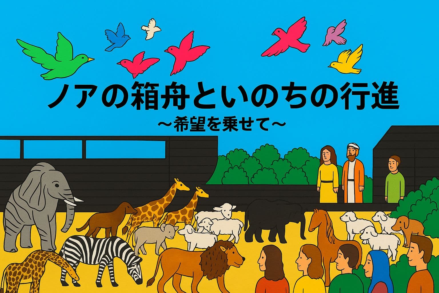 ノアの家族が箱舟のそばで、対になった動物たちが順番に乗り込む様子を見守っている。背景には澄んだ青空と色とりどりの鳥たちが飛び交い、穏やかで希望に満ちた光景が描かれている。 Noah’s family of eight stands by the ark, watching as paired animals peacefully board. Colorful birds soar through a clear sky in this gentle and hopeful scene.