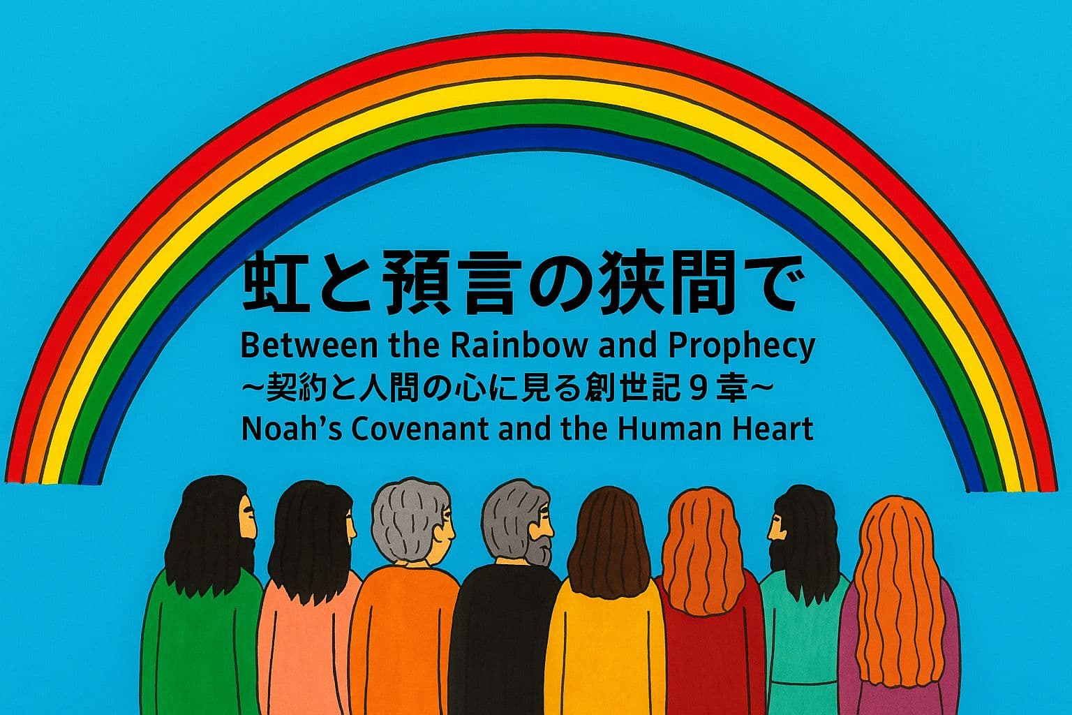 虹を見上げる8人のノアの家族と、中央に配置されたタイトル。 Eight members of Noah’s family look up at a rainbow with the title centered above.