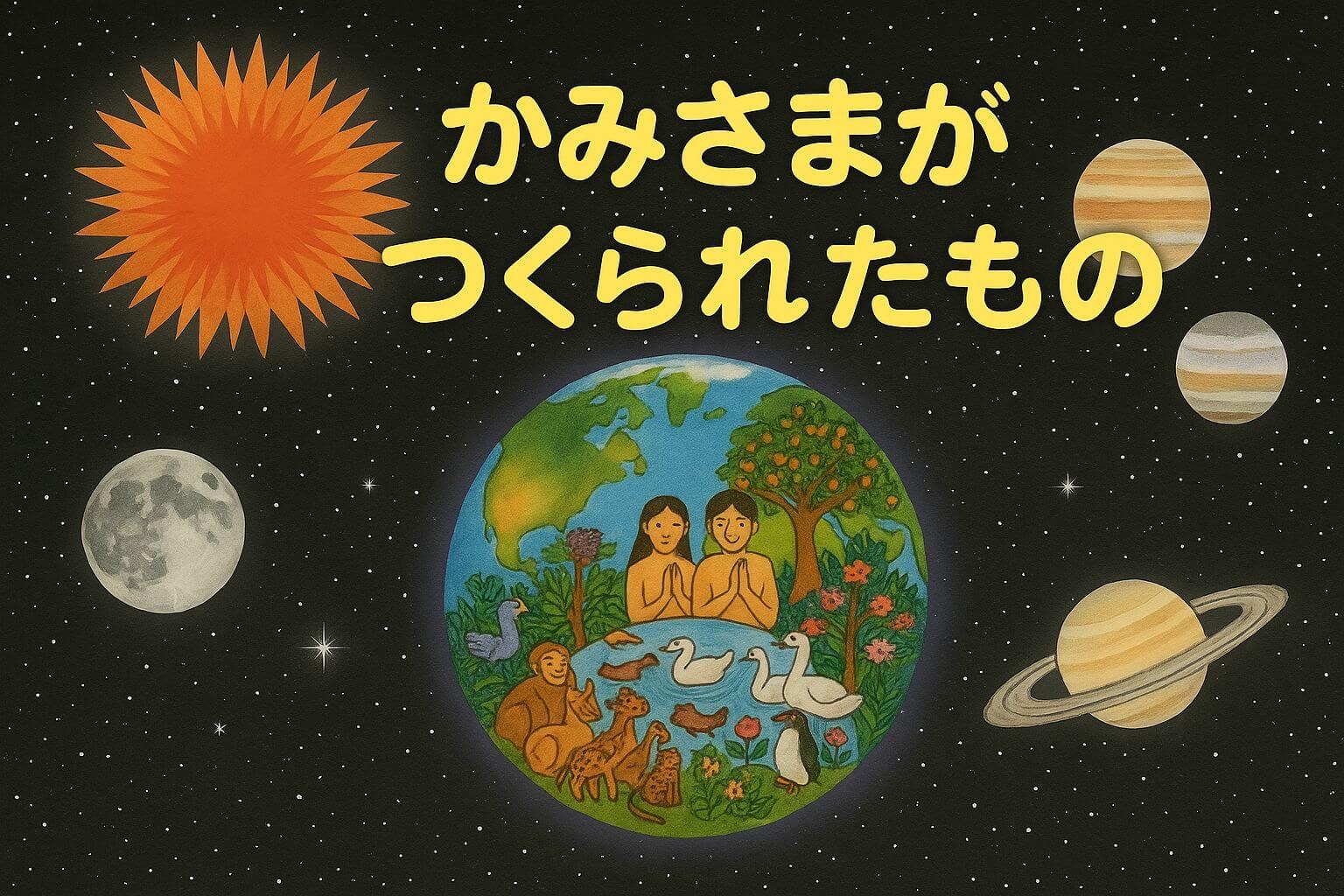 中央に地球が描かれ、そのまわりを太陽・月・惑星・無数の星々がやさしく囲む、宇宙を背景にした幻想的なイラスト。上部に『かみさまが つくられたもの』のタイトル