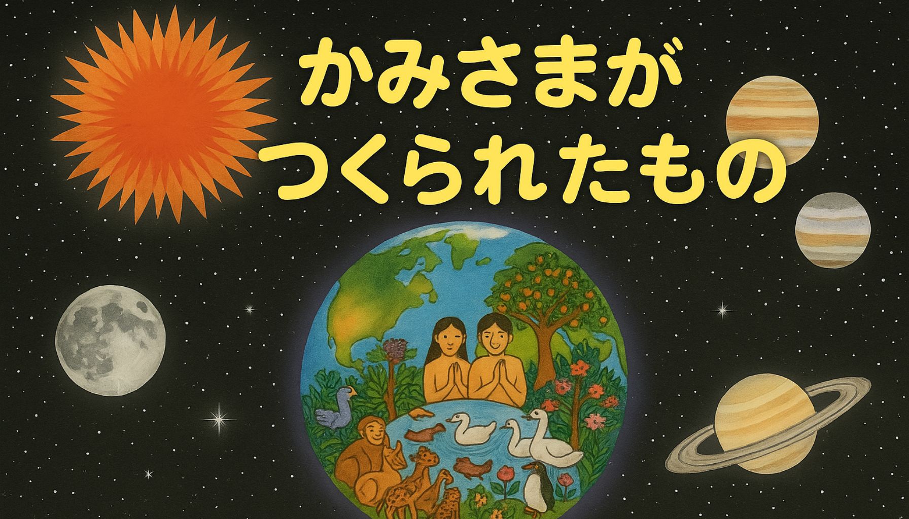 中央に地球が描かれ、そのまわりを太陽・月・惑星・無数の星々がやさしく囲む、宇宙を背景にした幻想的なイラスト。上部に『かみさまが つくられたもの』のタイトル