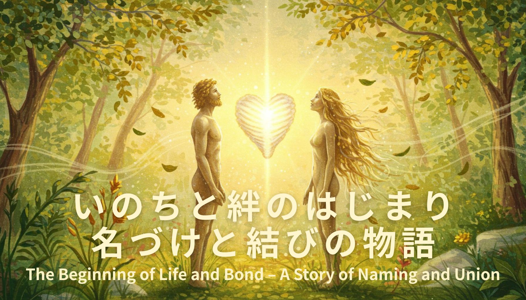 エデンの園で向き合うアダムと女、二人の間に浮かぶハート型のあばら骨が、創世記に描かれた神聖な絆を象徴するアート作品。 A symbolic illustration of Adam and the woman standing nude in Eden, with a glowing heart-shaped rib floating between them, representing their divine unity before the Fall.