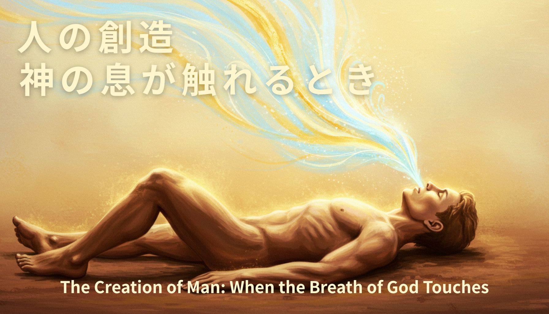 土の上に横たわる男性の鼻に、光と色で描かれた神聖な息が吹き込まれている。青と金色の流れるような息が空中に広がり、生命が宿る瞬間を表現している。 A nude Adam lies on the ground as the breath of God—depicted as swirling golden and blue light—flows gently into his mouth. His body glows softly as life begins to enter him. The background is bathed in warm golden tones, evoking a sense of sacred creation.