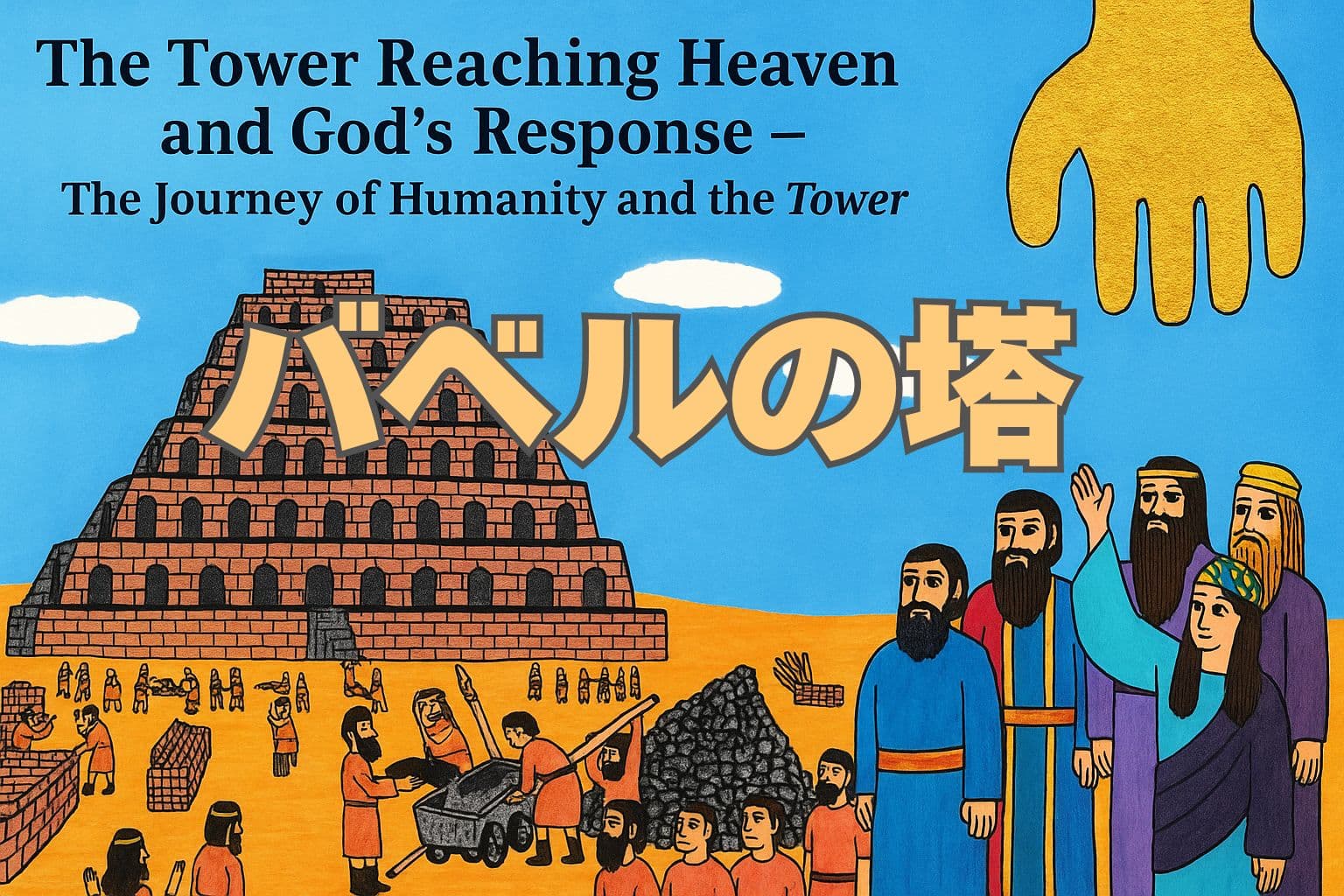 天に届くバベルの塔と、神の手が降りてくる様子、建設に励む人々の群れを描いた原画 An original artwork of the Tower of Babel reaching heaven, with crowds of people constructing and a divine hand descending from the sky.
