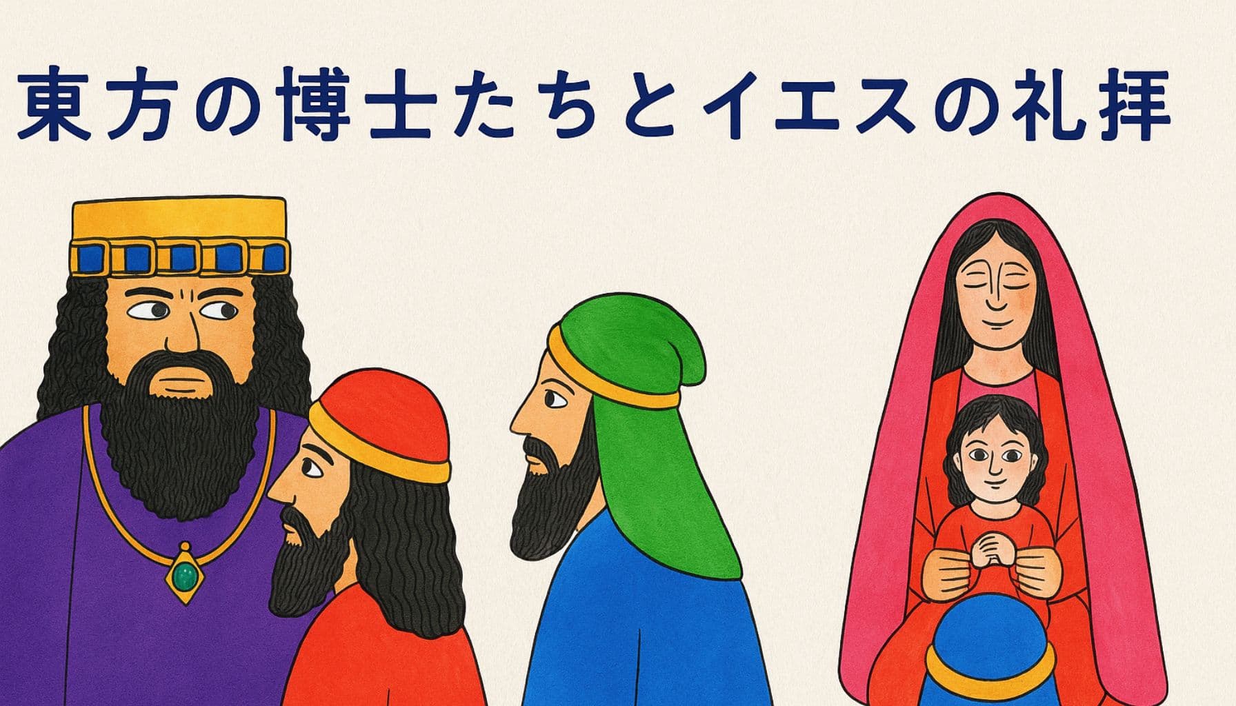 ヘロデ王と東方の博士たち、そしてマリアに抱かれた幼子イエスが対面する様子を描いた横長のイラスト。中央に「東方の博士たちとイエスの礼拝」の文字が配置されている。
