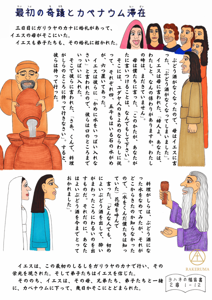 イエスがカナの婚礼で水をぶどう酒に変える奇跡を行う様子を描いたイラスト。登場人物たちが喜びに包まれている。