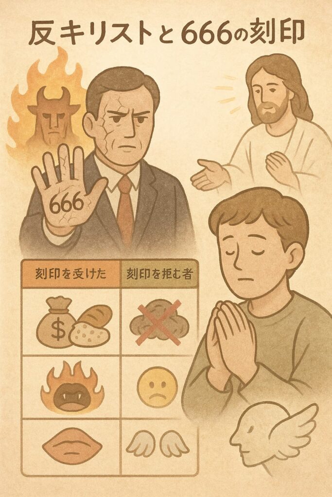 反キリストと666の刻印をテーマにしたイラスト。サタンに仕える支配者とイエス・キリストの対比、刻印を受ける者と拒む者の運命の違いが象徴的に描かれている。