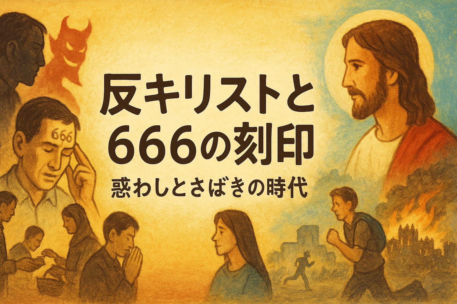 反キリストと666の刻印をテーマにした横長のイラスト。左側に刻印を受けた人物と悪魔的な存在、右側にはイエス・キリストと祈る人々、逃げる者が描かれ、中央には「反キリストと666の刻印――惑わしとさばきの時代」という日本語のタイトルがある。