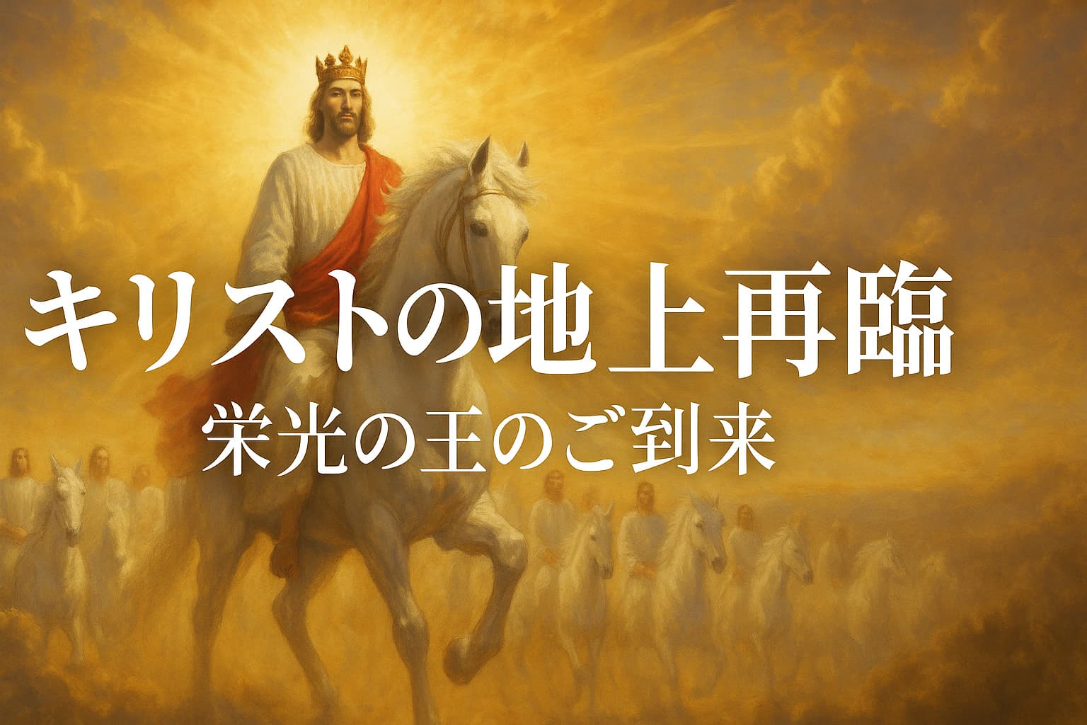 キリストの地上再臨を描いた横長のイラスト。白馬に乗ったイエス・キリストが王冠を戴き、聖徒たちを従えて光の雲の中から現れる姿。中央には「キリストの地上再臨 栄光の王のご到来」と日本語のタイトル文字が配置されている。