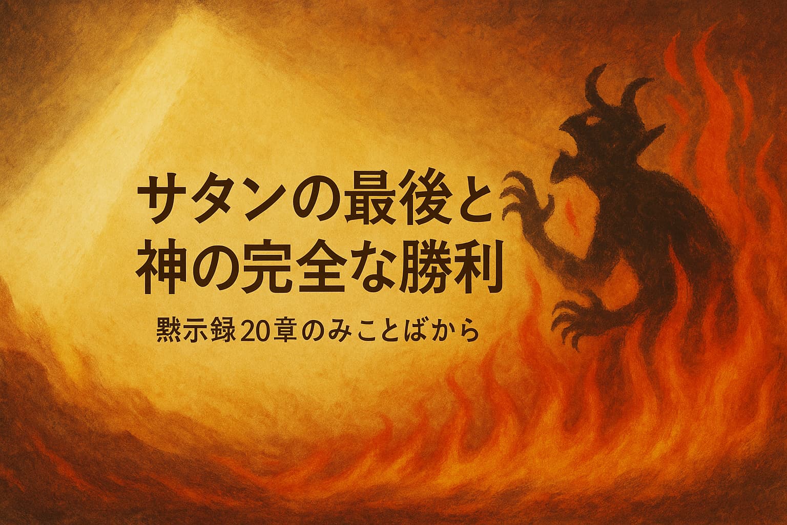 炎の中で裁きを受けるサタンの姿と、左上から差し込む神の光。中央には「サタンの最後と神の完全な勝利」というタイトルが表示されている。