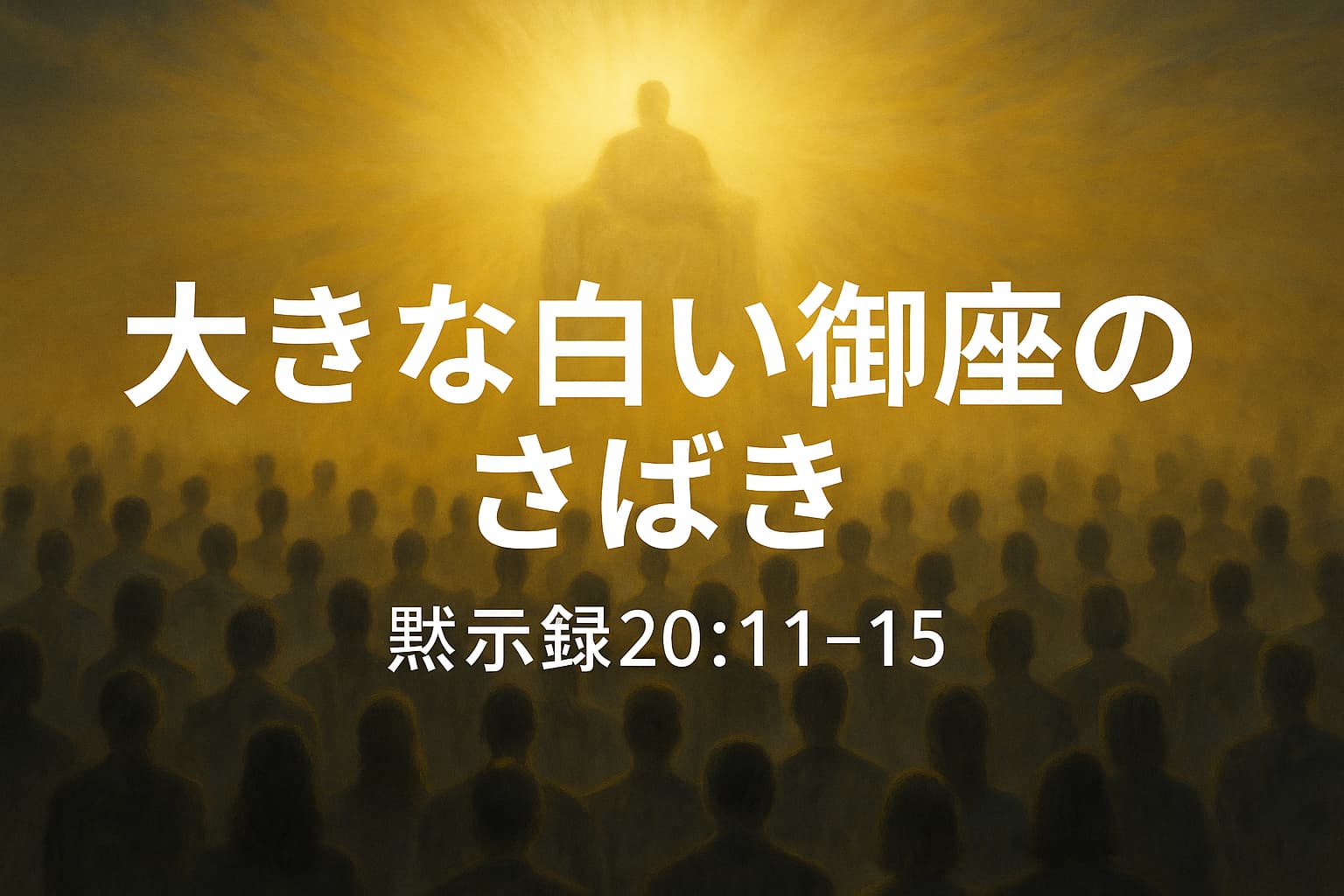 まばゆい光に包まれた白い御座に神が座しておられ、御前に多くの人々が静かに立っている。中央には「大きな白い御座のさばき　黙示録20:11–15」という文字が表示されている。