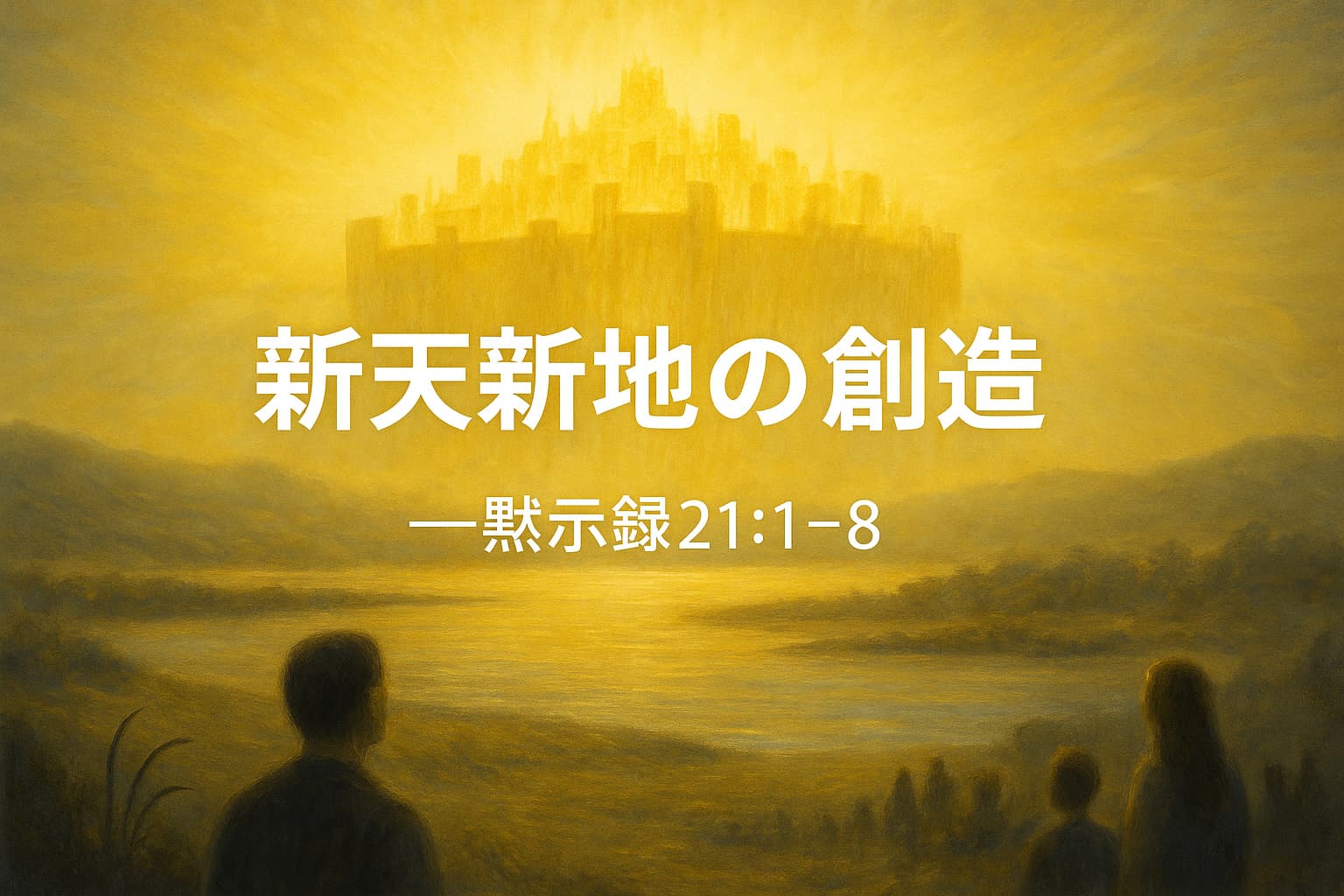 黄金の光に包まれた聖なる都が天から降り注ぎ、その下で大勢の人々が神の栄光を仰ぎ見ている。背景には静かな大地と広がる空。