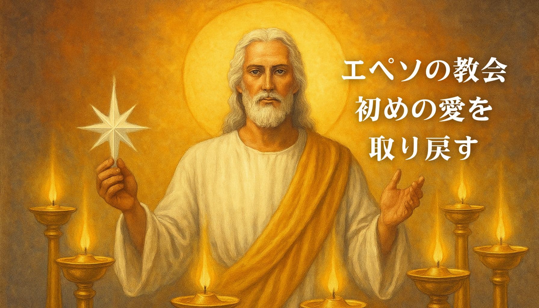金色の光に包まれたキリストが七つの燭台の中に立ち、右手に星を持ち、正面を見つめている様子。「エペソの教会　初めの愛を取り戻す」という文字が右側に表示されている。