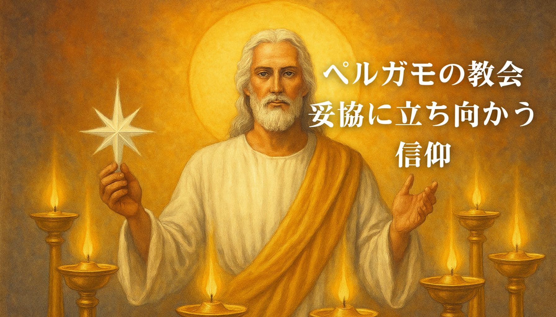 金色の光に包まれたキリストが七つの燭台の中に立ち、右手に星を持ち、正面を見つめている様子。「ペルガモの教会　妥協に立ち向かう信仰」という文字が右側に表示されている。