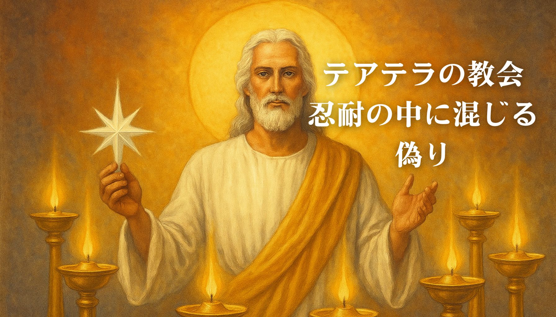 金色の光に包まれたキリストが七つの燭台の中に立ち、右手に星を持ち、正面を見つめている様子。「金色の光に包まれたキリストが七つの燭台の中に立ち、右手に星を持ち、正面を見つめている様子。「テアテラの教会　忍耐の中に混じる偽り」という文字が右側に表示されている。