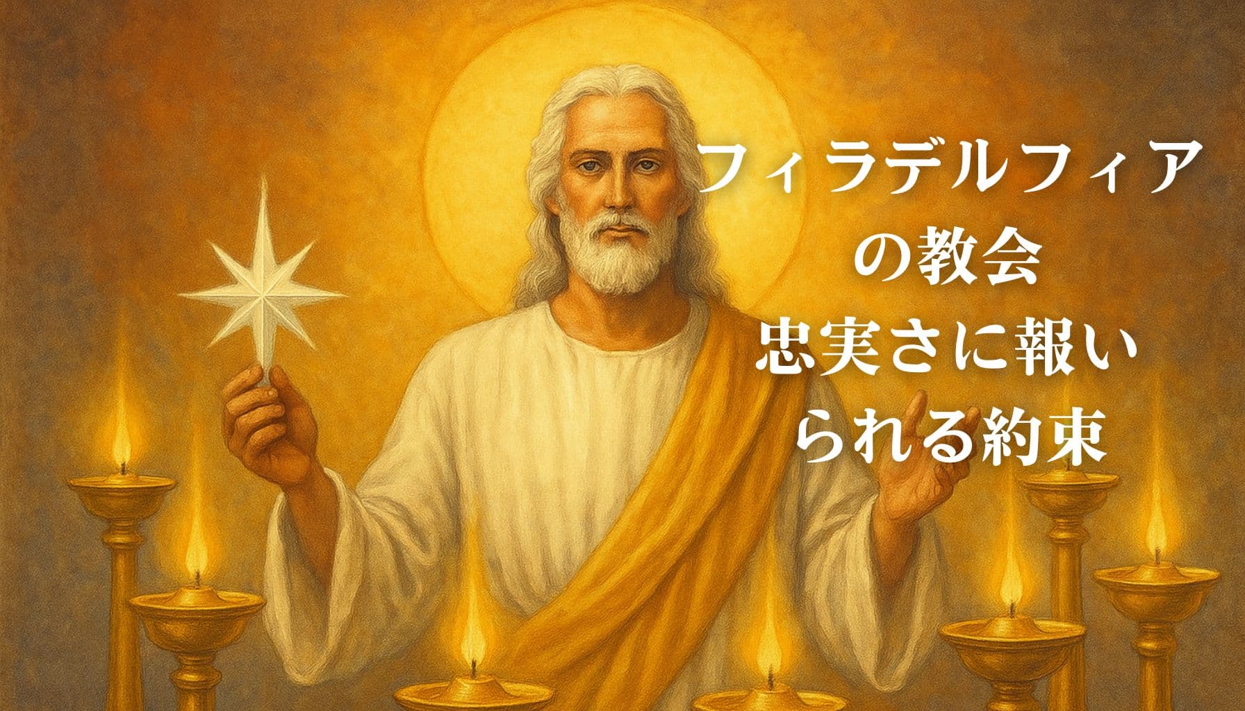 金色の光に包まれたキリストが七つの燭台の中に立ち、右手に星を持ち、正面を見つめている様子。「フィラデルフィアの教会　忠実さに報いられる約束」という文字が右側に表示されている。