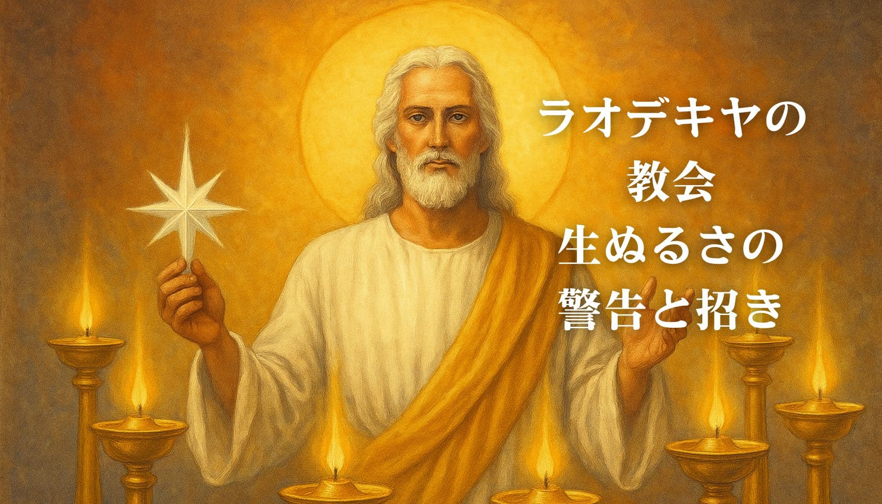 金色の光に包まれたキリストが七つの燭台の中に立ち、右手に星を持ち、正面を見つめている様子。「ラオデキヤの教会　生ぬるさの警告と招き」という文字が右側に表示されている。