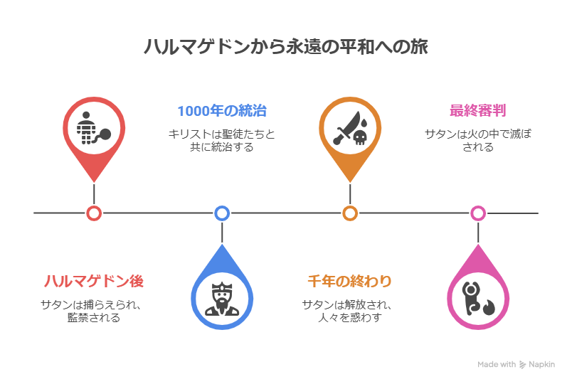 ヨハネの黙示録に描かれた終末から永遠の平和に至る流れを示す図。ハルマゲドン後のサタンの投獄、千年王国、サタンの解放と最終的な裁きまでの道筋が描かれている。

