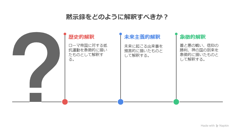 ヨハネの黙示録をどのように理解するかについて、3つの解釈法（歴史的解釈・未来主義的解釈・象徴的解釈）を比較する図。左に大きなクエスチョンマークが描かれている。

