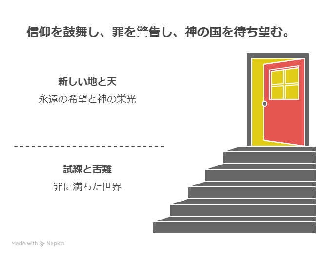 「信仰を鼓舞し、罪を警告し、神の国を待ち望む」と書かれた図。下段に「試練と苦難」、上段に「新しい地と天」があり、階段を上って明るい扉へ向かう構図。

