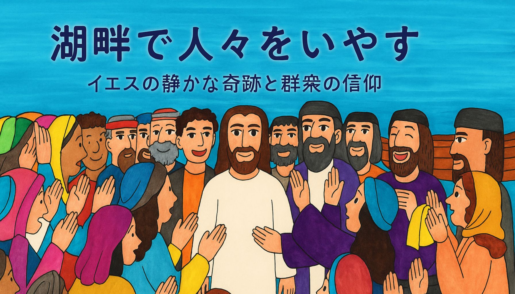 イエスがガリラヤ湖のほとりで群衆に囲まれ、いやしと慰めを与えている様子。群衆は色とりどりの衣をまとい、信仰を込めて手を伸ばしている。背景には穏やかな湖と舟が描かれている。