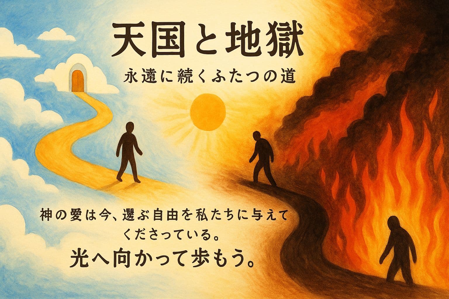 明るい空の中に天国へ続く黄金の道と、炎に包まれた地獄へ下る暗い道が対比的に描かれている。中央には太陽のような光があり、それぞれの道を進む人の姿がある。日本語の聖句メッセージが添えられている。