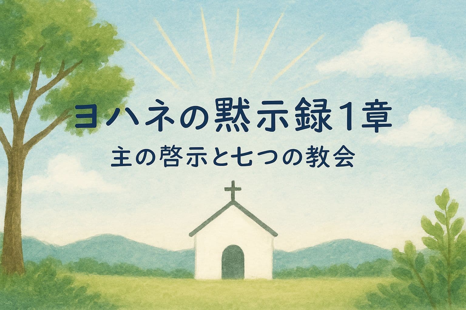 草原に立つ白い教会と木々、柔らかな光の中に「ヨハネの黙示録1章 主の啓示と七つの教会」という日本語タイトルが中央に描かれている、やさしい水彩風のイラスト。
