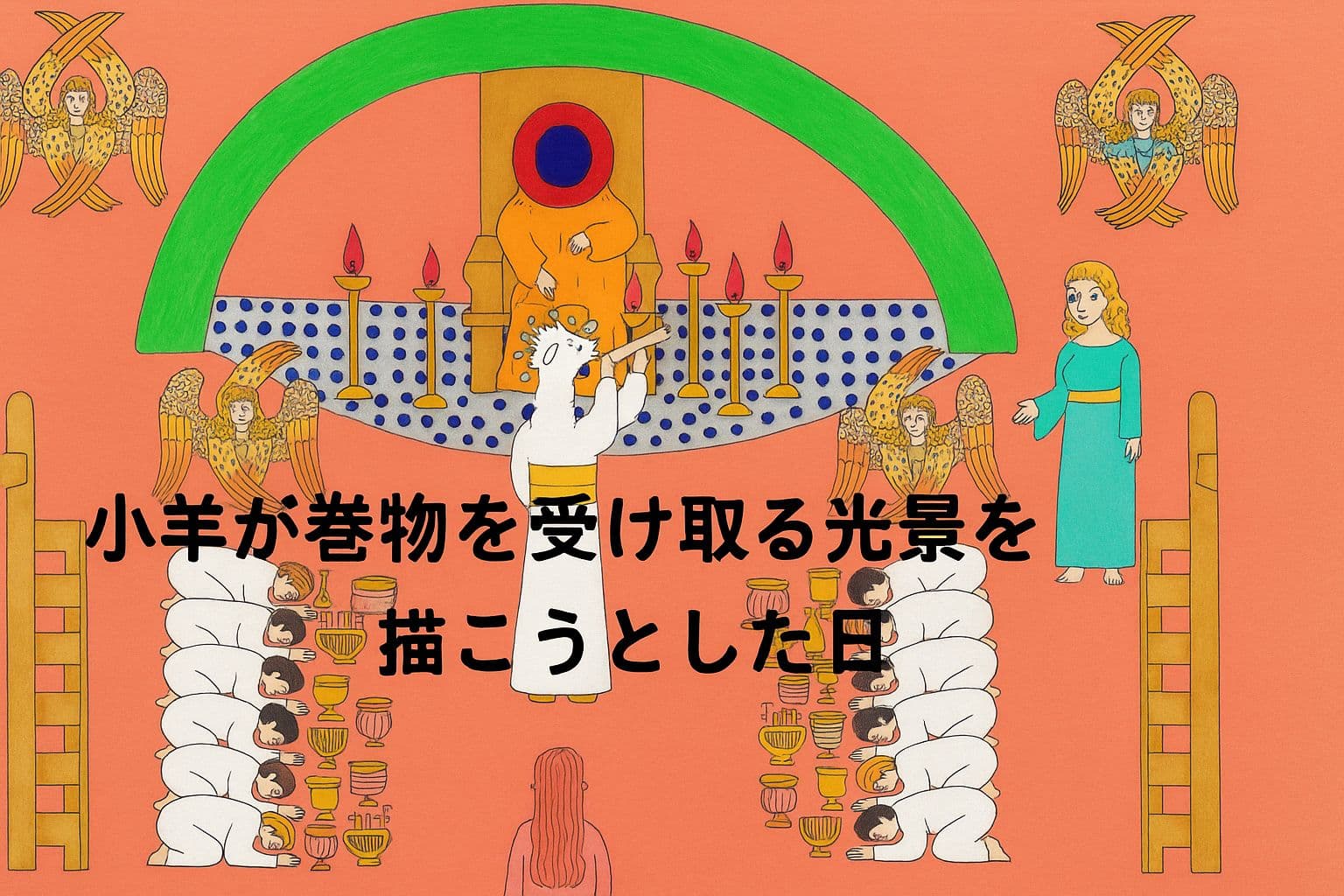 ヨハネの黙示録5章に基づくイラストを背景に、「小羊が巻物を受け取る光景を描こうとした日」というタイトルが中央に配置された横長画像。小羊、御座、二十四人の長老、四つの生き物などが色彩豊かに描かれている。