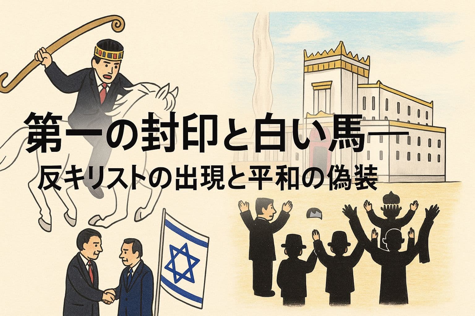 白い馬に乗って弓を構える反キリスト、握手を交わす二人の男性とイスラエル国旗、ユダヤ神殿の前で手を挙げて礼拝する人々の様子。中央に「第一の封印と白い馬 ― 反キリストの出現と平和の偽装」というタイトル文字が配置されている。
