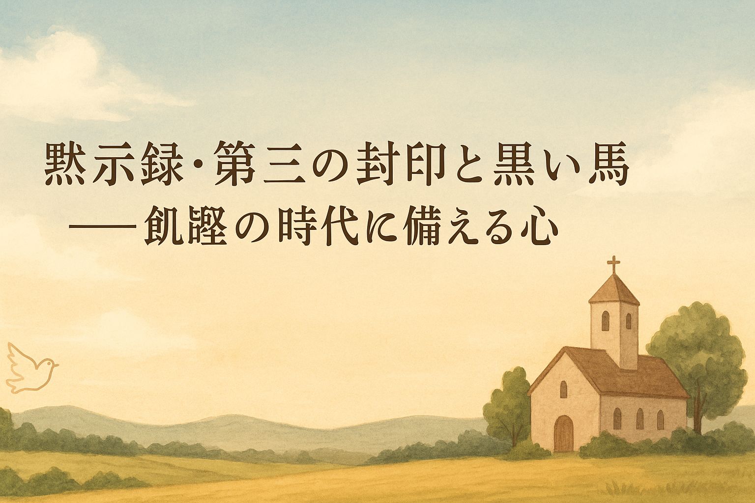 柔らかな空と草原の風景の中に、小さな教会と白い鳩が描かれている。中央には「黙示録・第三の封印と黒い馬 ―― 飢饉の時代に備える心」というタイトルが書かれている。