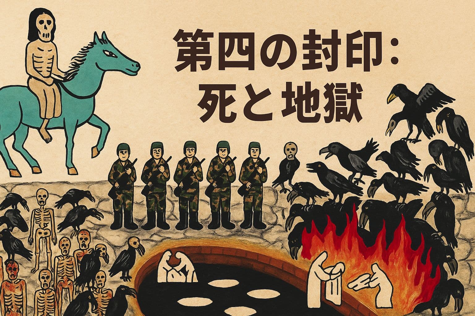骨のような顔の騎士が青白い馬に乗って登場し、その下には兵士たち、飢えた骸骨のような人々、そして死体をついばむカラス、炎の中で手を伸ばす者たちが描かれている。「第四の封印：死と地獄」という文字が右上に中央寄りで配置されている。