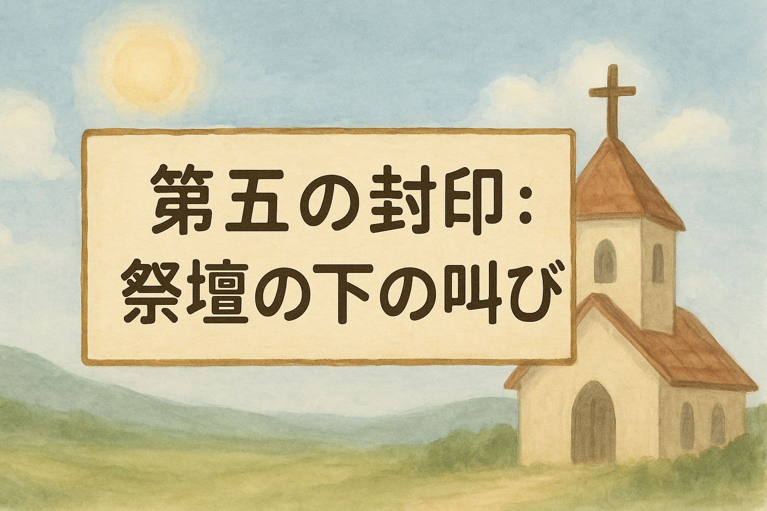 やわらかな水彩風の背景に、小さな教会と朝日、中央に「第五の封印：祭壇の下の叫び」と書かれた巻物風のタイトルバナーが配置されているアイキャッチ画像。