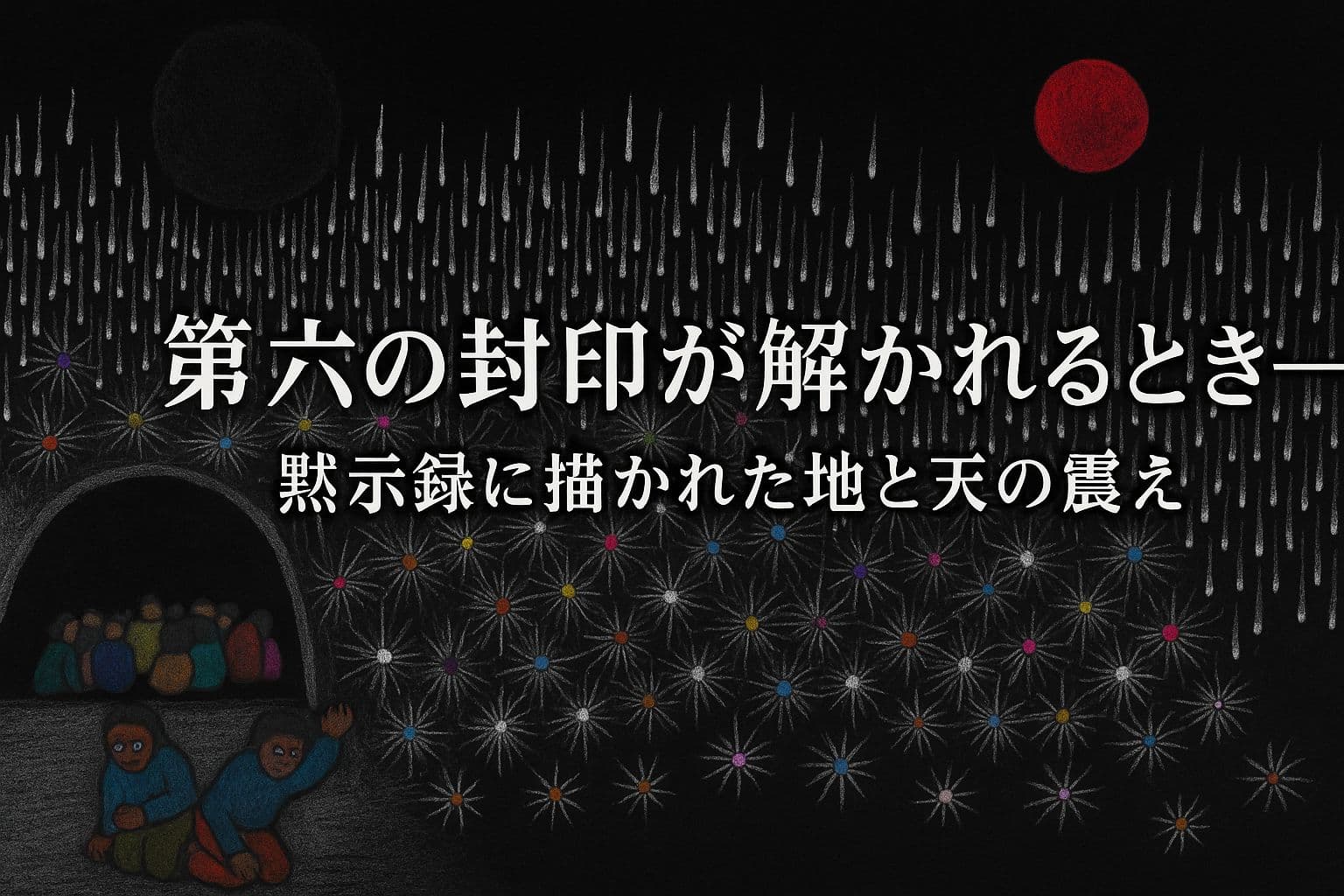 暗黒の空に赤い月と降り注ぐ星々。人々が洞窟に逃れ、天地が揺れ動く中、中央に「第六の封印が解かれるとき――黙示録に描かれた地と天の震え」の文字が浮かぶ。