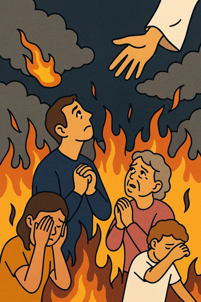 暗く荒れた地上に炎と混乱が広がり、人々が悩み苦しみながらも天を見上げる様子。神の御手が遠くに差し伸べられている構図。