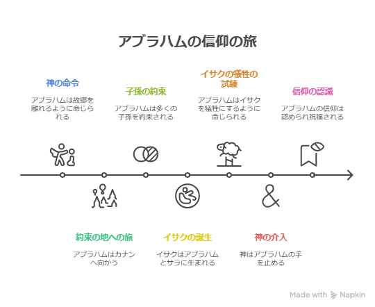 創世記に記されたアブラハムの信仰の歩みを時系列に沿って示した図。神との出会い、子どもの約束、イサクの誕生と試練、信仰の証しなどの場面が、アイコンと色分けで描かれている。