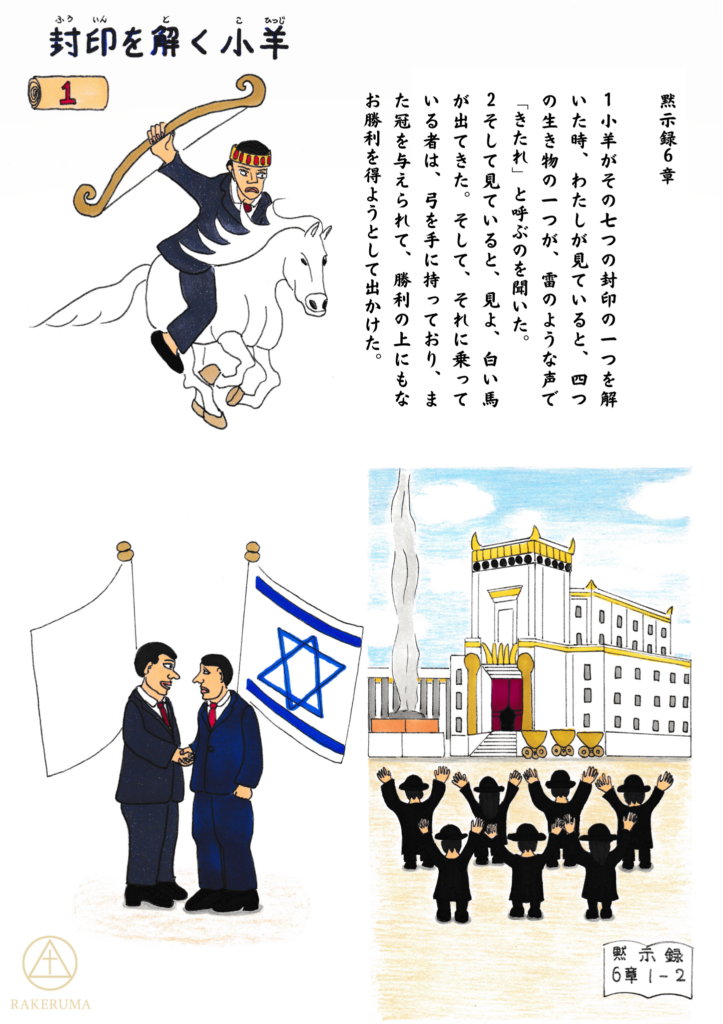第一の封印が解かれたとき、世界の舞台に現れる「白い馬の騎士」。その背後で揺れ動く国々と、祈りをささげる人々――神のご計画は静かに進み始める。