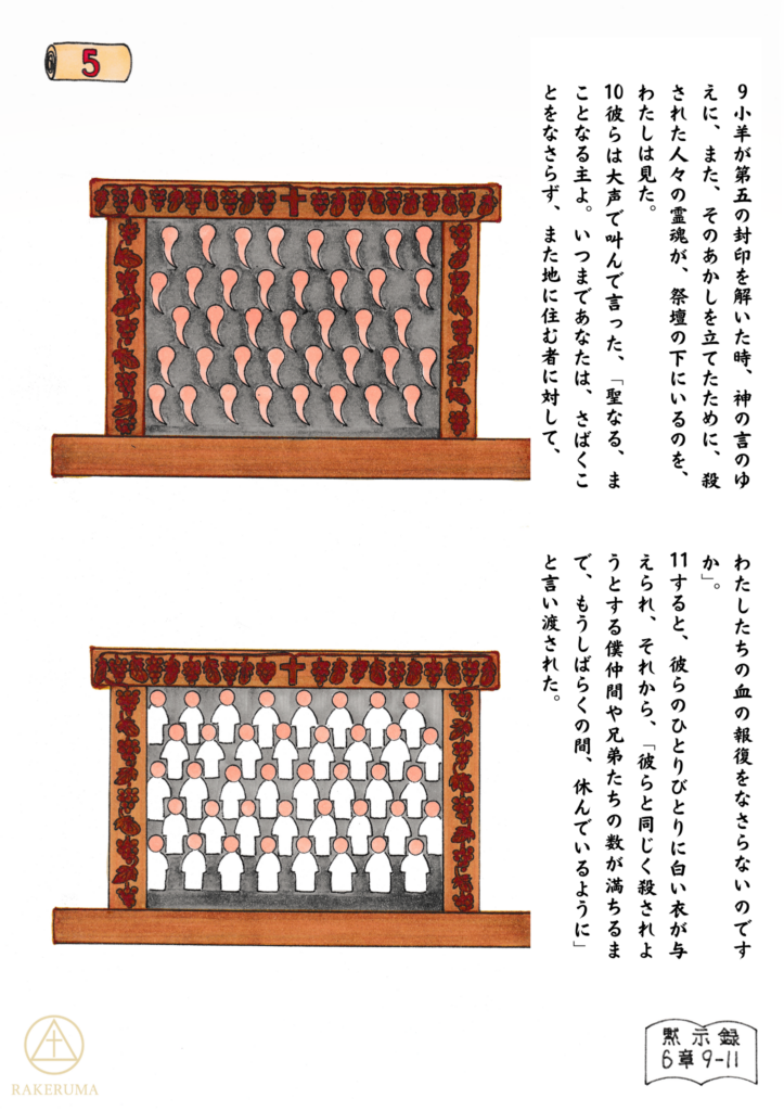 『第五の封印：祭壇の下の叫び』 小羊が第五の封印を解いたとき、神の言葉のために命を捧げた霊魂たちが祭壇の下で叫びます──「いつまでですか、主よ」。その問いに応えるように、彼らに白い衣が与えられます。
