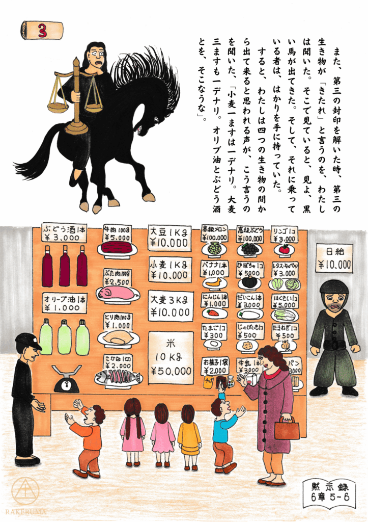 黒い馬に乗り、天秤を手にした騎士と、物価が異常に高騰した市場の様子。飢饉に苦しむ人々が食料を求めて並ぶ光景。