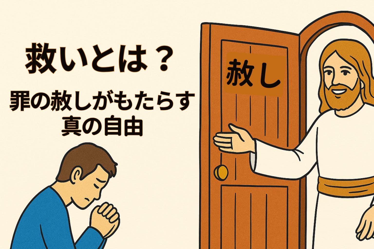 扉に「赦し」と書かれた場所で、祈る男性に向かってイエス・キリストが手を差し伸べている。救いと赦しの招きを描いた優しいイラスト。