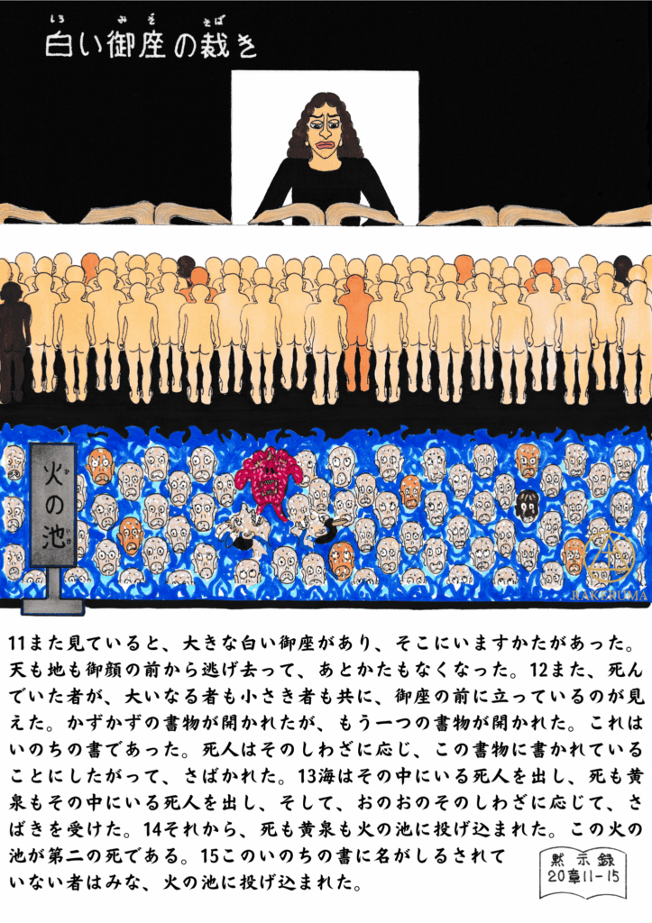 白い御座に座る神の前に人々が立たされ、その下では火の池に投げ込まれた者たちが苦しむ様子を描いたイラスト。