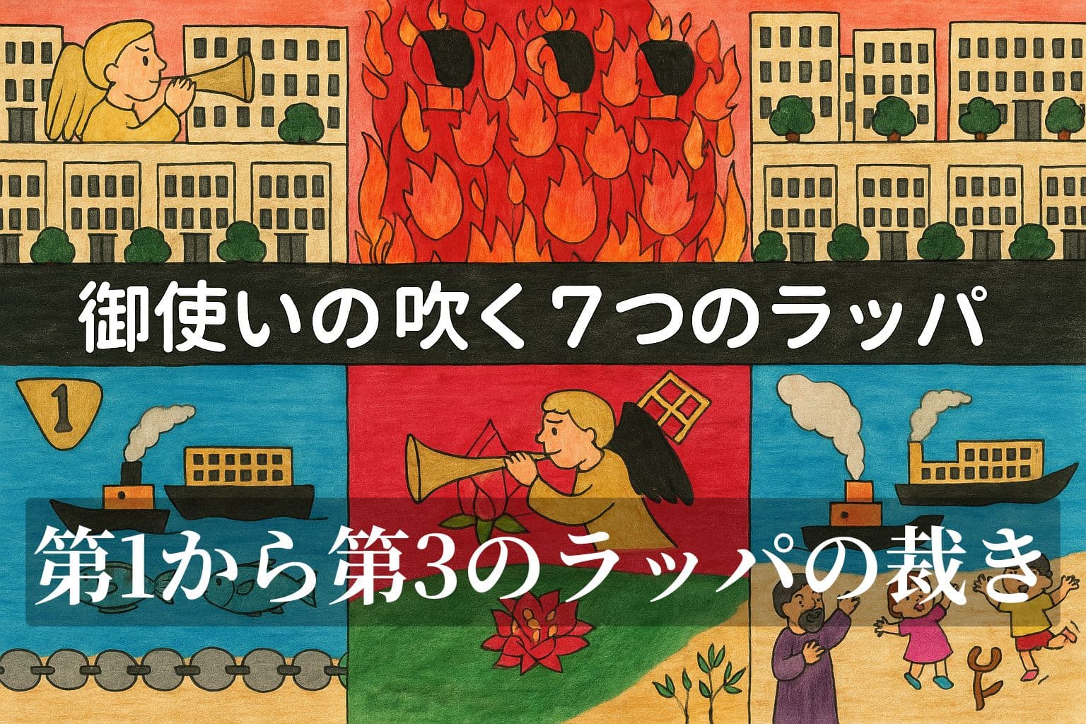手描き風の色彩豊かなイラストに「御使いの吹く7つのラッパ」の文字が中央に配置された横長のバナー画像。上段には建物と燃えさかる炎、下段には「1から3のラッパの裁き」文字があり、海や魚、御使い、子どもたちが描かれ、ラッパの裁きが視覚的に表現されている。