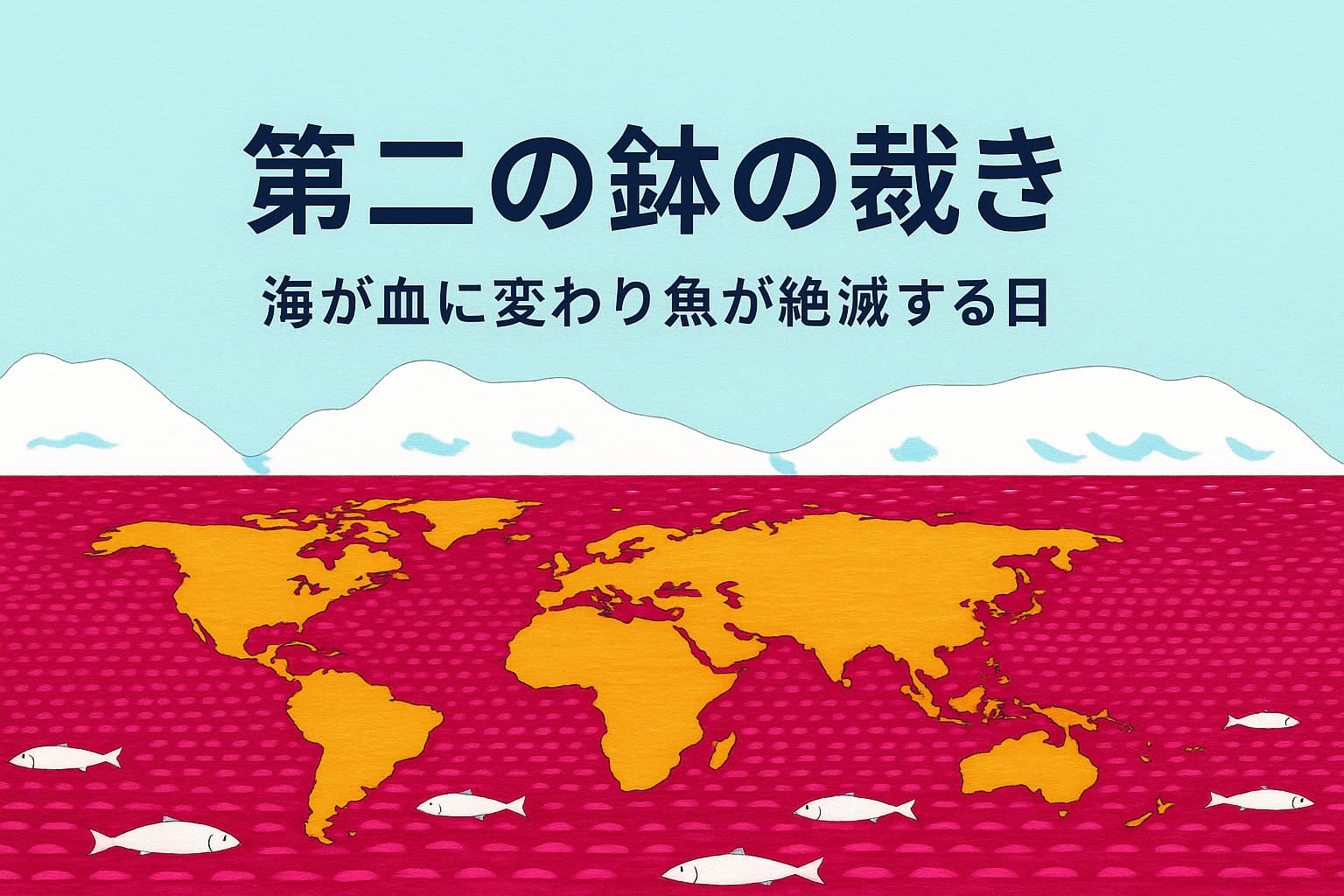 第二の鉢の裁きを象徴的に描いた横長イラスト。赤く染まった海に世界地図と白い魚の死体が浮かび、上部中央に黒い文字でタイトルが配置されている。