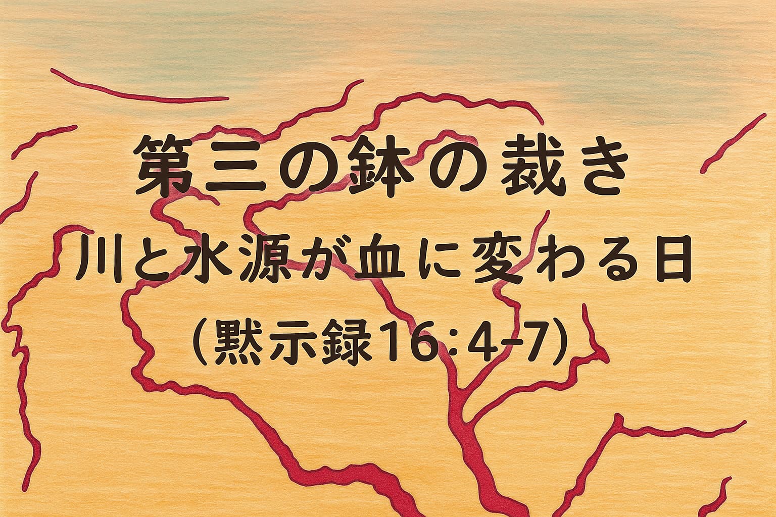 第三の鉢の裁き｜川と水源が血に変わる日（黙示録16:4-7）というタイトルが、地図のような背景に赤く広がる川の上に中央配置された横長イラスト