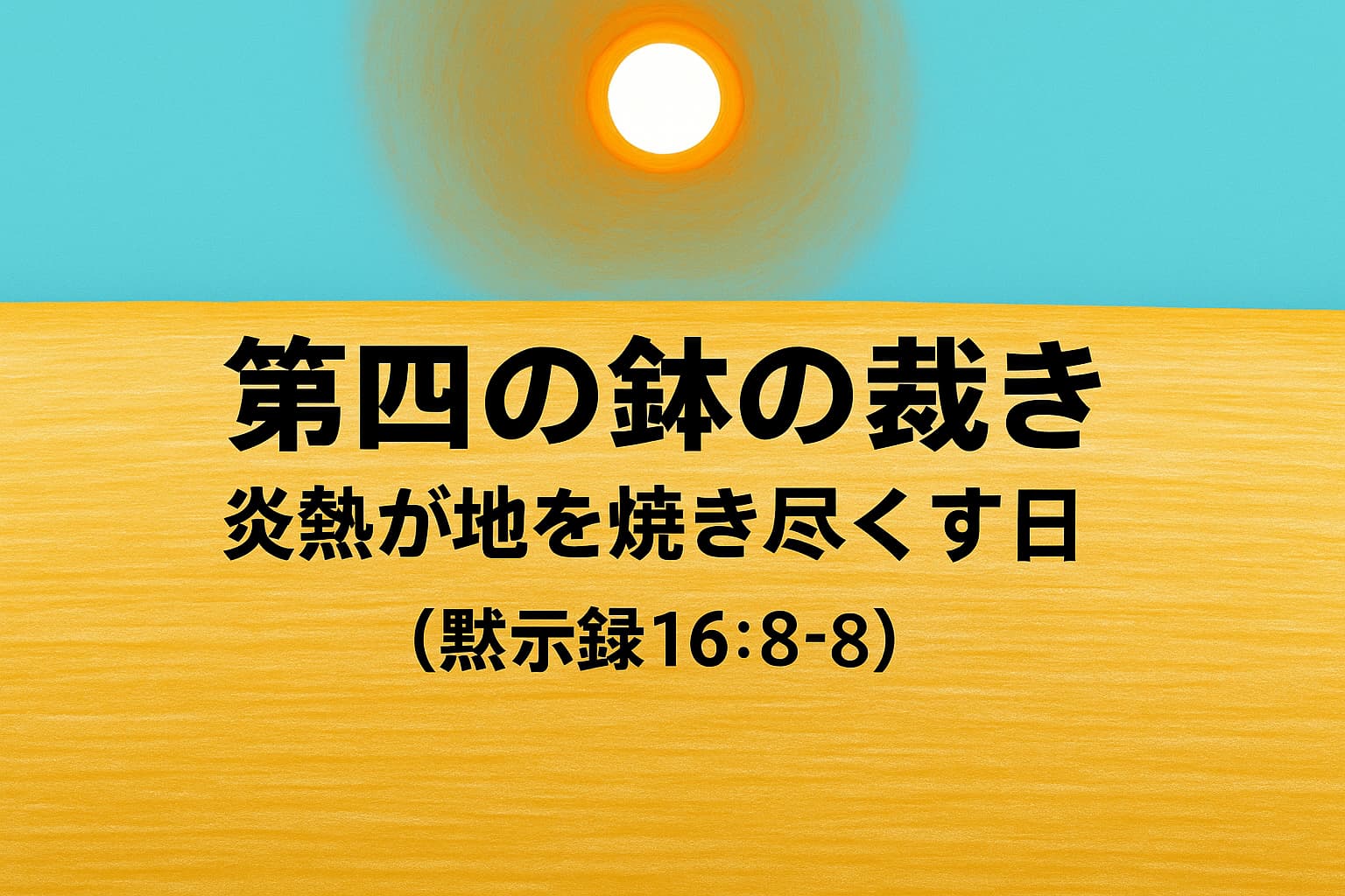第四の鉢の裁き｜炎熱が地を焼き尽くす日（黙示録16:8-9）の文字が中央に配置された横長アイキャッチ画像。上部は青空と輝く太陽、下部は黄金色に焼けた大地が広がっている。