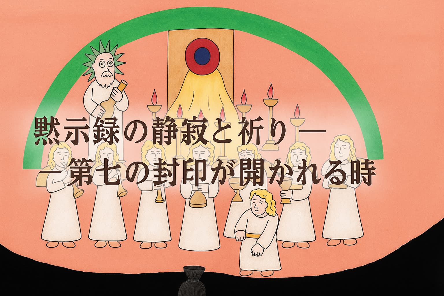 七人の御使いがラッパを手にし、中央には神の御座が描かれている。上方には緑の弧がかかり、背景はやわらかな桃色。画像の中央に「黙示録の静寂と祈り ― 第七の封印が開かれる時」というタイトル文字が大きく配置されている。