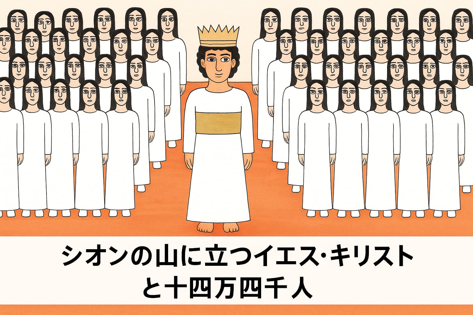 シオンの山に立つ冠をかぶったイエス・キリストと、その周りに集う白い衣の十四万四千人。中央にタイトルが配置された横長のイラスト。