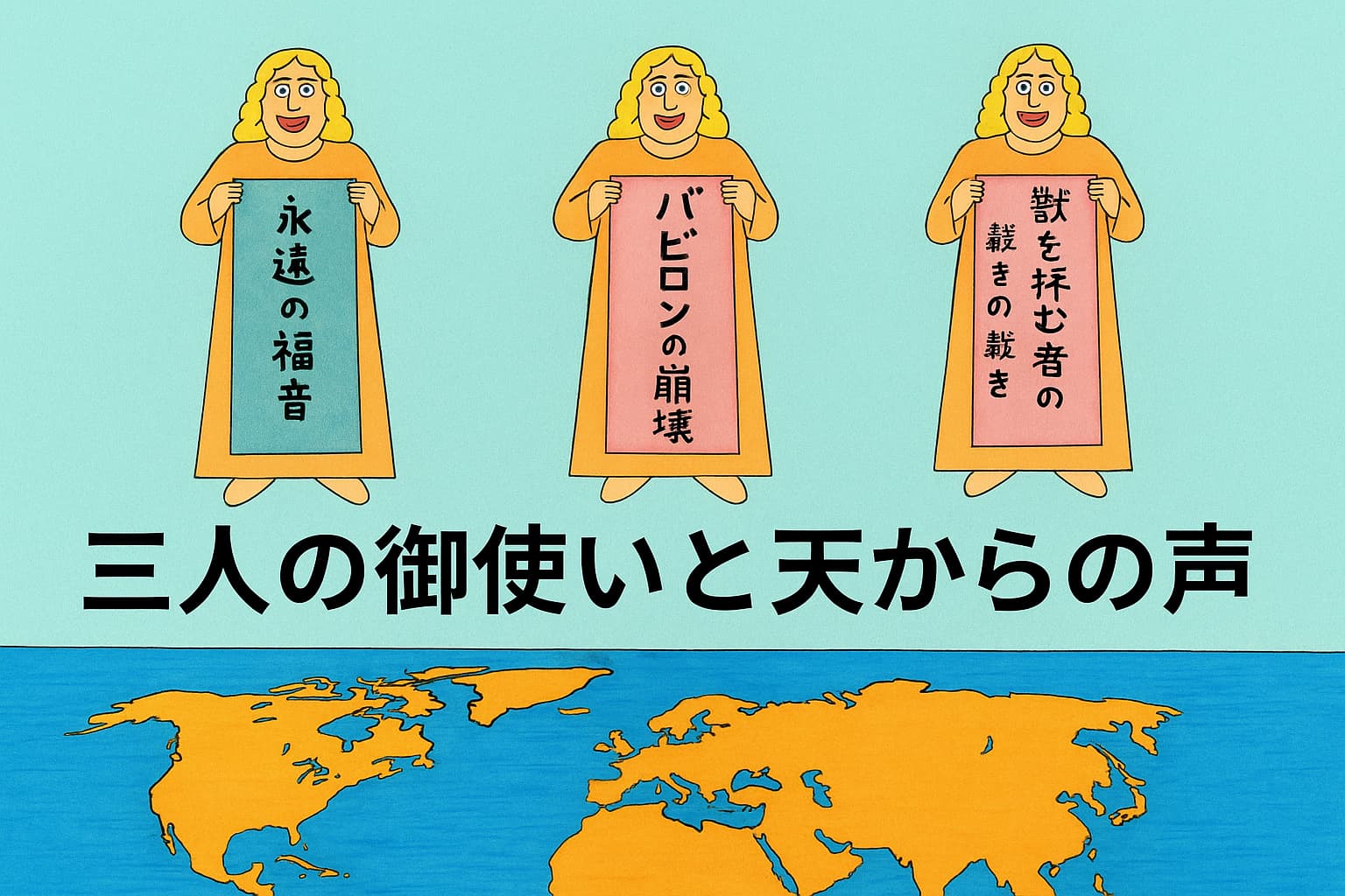 三人の御使いが世界地図の上に立ち、『永遠の福音』『バビロンの崩壊』『獣を拝む者の裁き』と書かれた巻物を掲げている。中央に『三人の御使いと天からの声』というタイトルが表示された横長のイラスト。