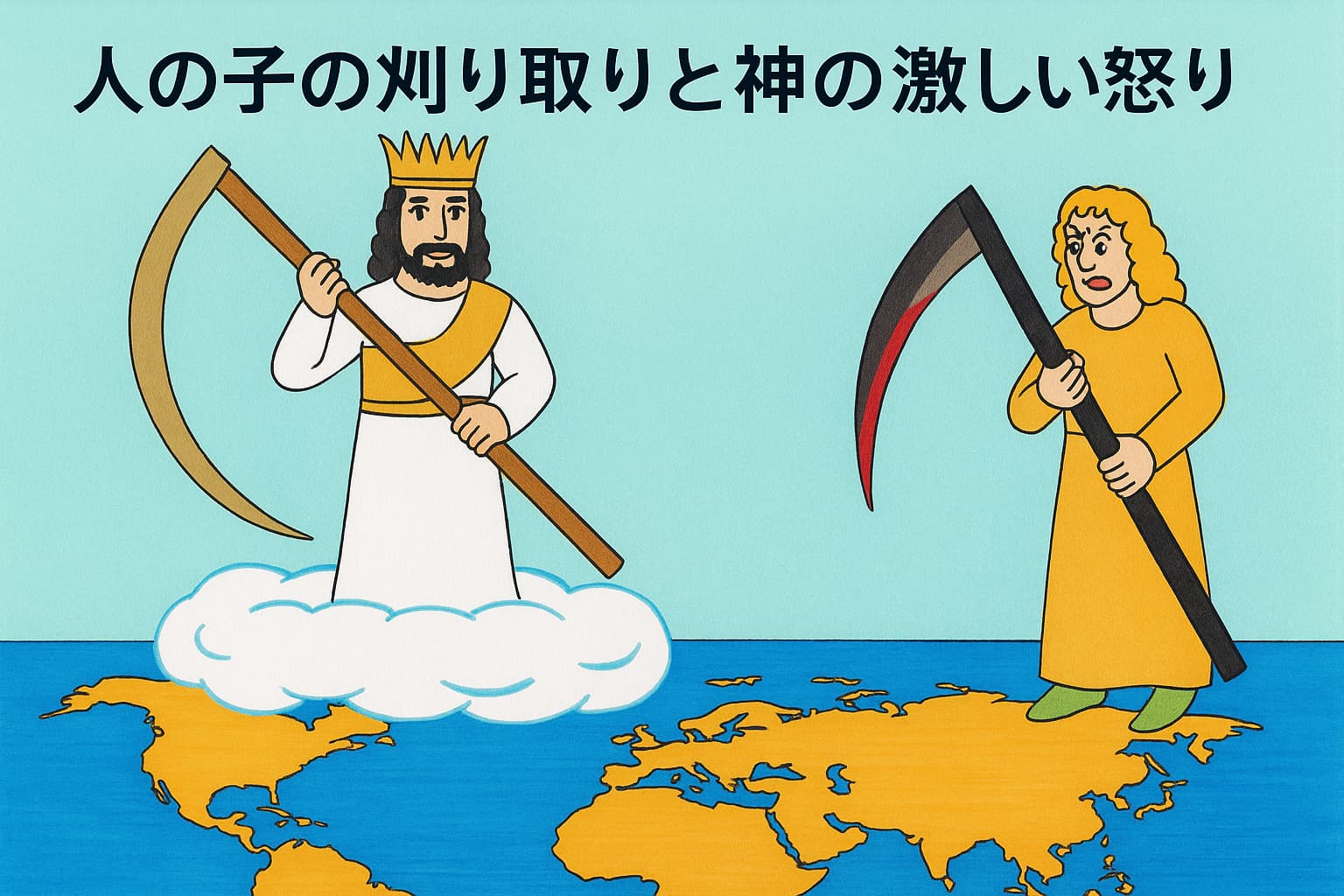 雲の上に座る金の冠をかぶったイエス・キリストが鋭いかまを持ち、もう一人の御使いが血に染まったかまを持って地のぶどうを刈り取る。下には世界地図が広がり、中央に『人の子の刈り取りと神の激しい怒り』という文字が表示された横長のイラスト。
