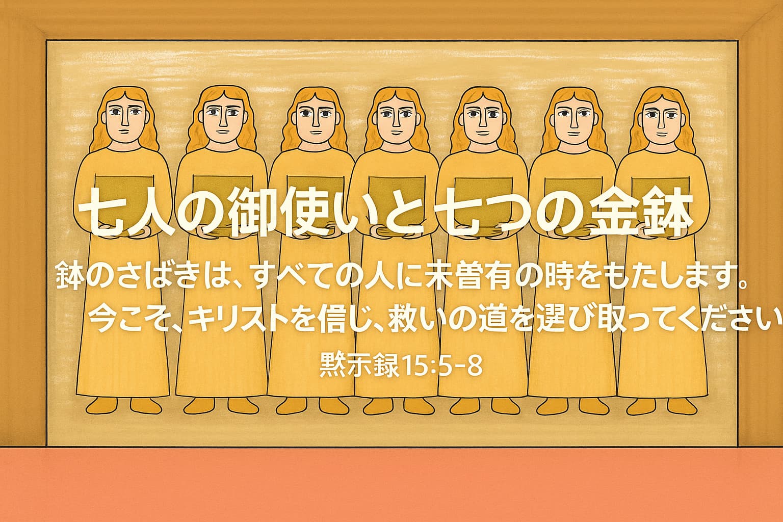 七人の御使いが黄金の衣をまとい、金色の鉢を胸の前に持って横一列に立っている。背景は天の聖所を思わせる温かい金色の光で満たされ、中央には「七人の御使いと七つの金鉢」というタイトルと聖書の招きの言葉が記されている。