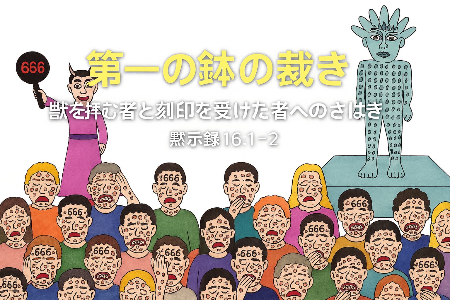 第一の鉢の裁きの場面。左側には「666」と書かれた札を掲げる角の生えた人物が立ち、中央には獣の刻印を持つ人々が悪性のできものに苦しむ姿が描かれている。右側には青緑色の獣の像が台座の上に立ち、全体で黙示録16:1–2の情景を表している。